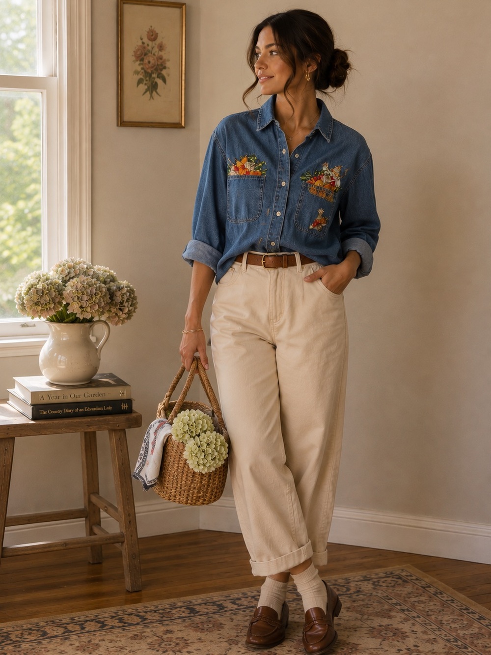 Vintage Fall Grandma Denim Button-Up Shirt with Colorful Pocket Embroideries